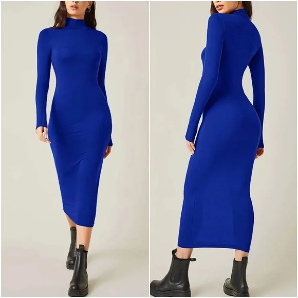 Army Green mock neck fitted midi dress Party - Picture 5 of 8